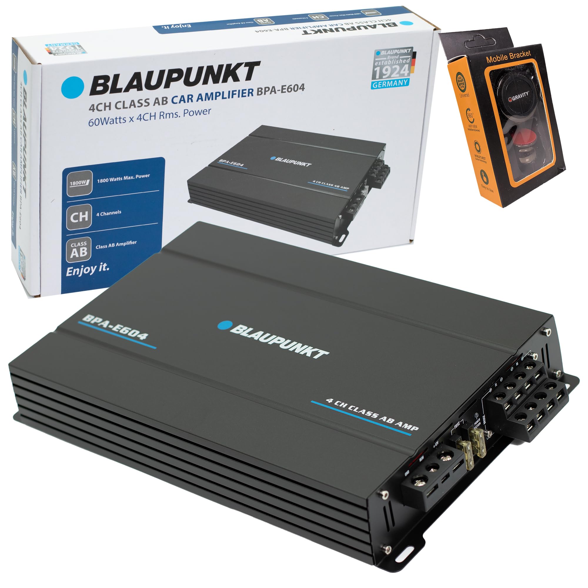Blaupunkt BPA-E604 4-Channel Class AB Car Amplifier 1800W Max - High Power, Versatile Bridging, Crystal-Clear Sound - Sleek Design Bundle with Gravity Magnet Phone Holder Blaupunkt BPA-E604 4-Channel Class AB Car Amplifier 1800W Max - High Power, Versatile Bridging, Crystal-Clear Sound - Sleek Design Bundle with Gravity Magnet Phone Holder